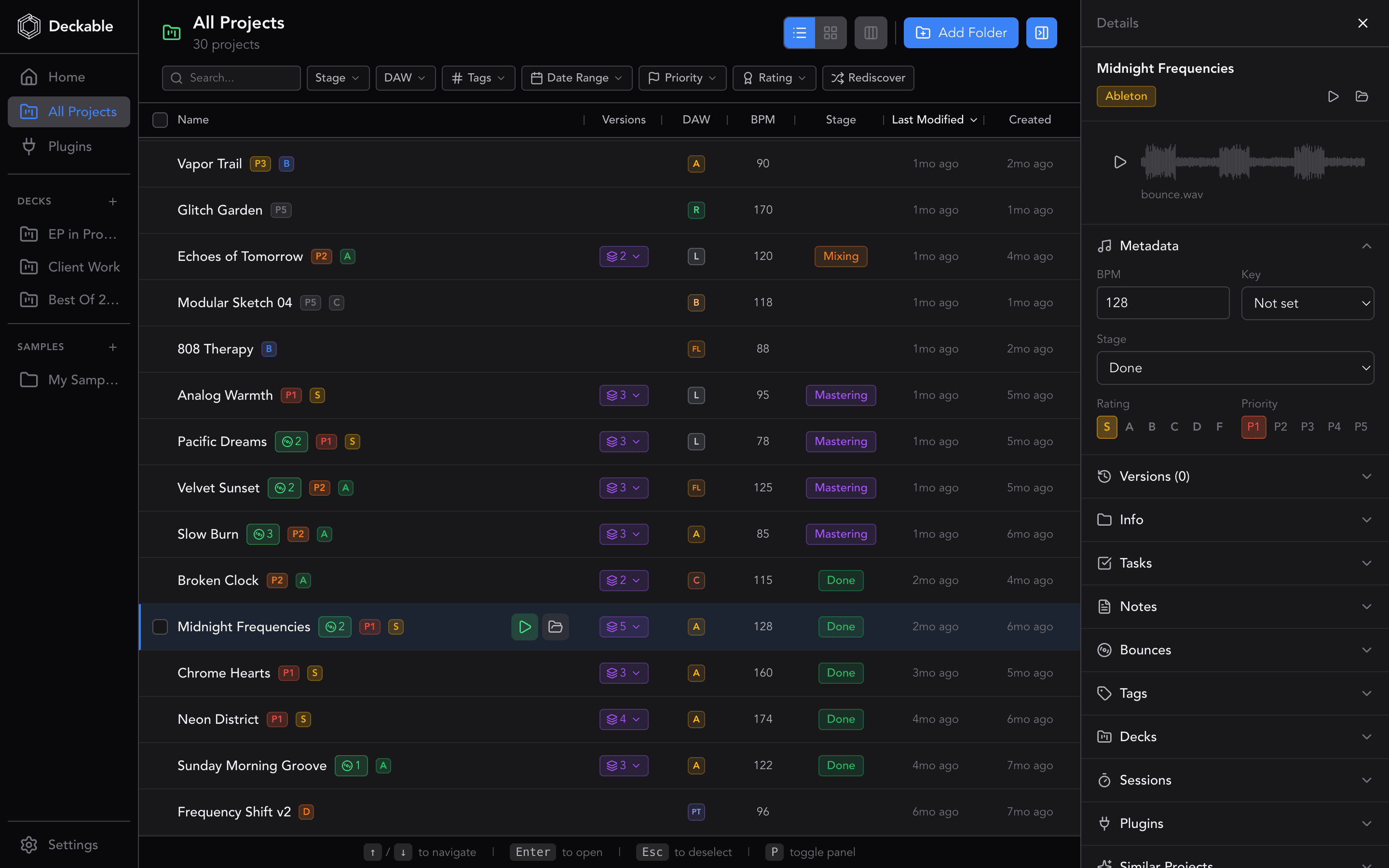 Deckable All Projects view with detail panel showing metadata for 873 music projects