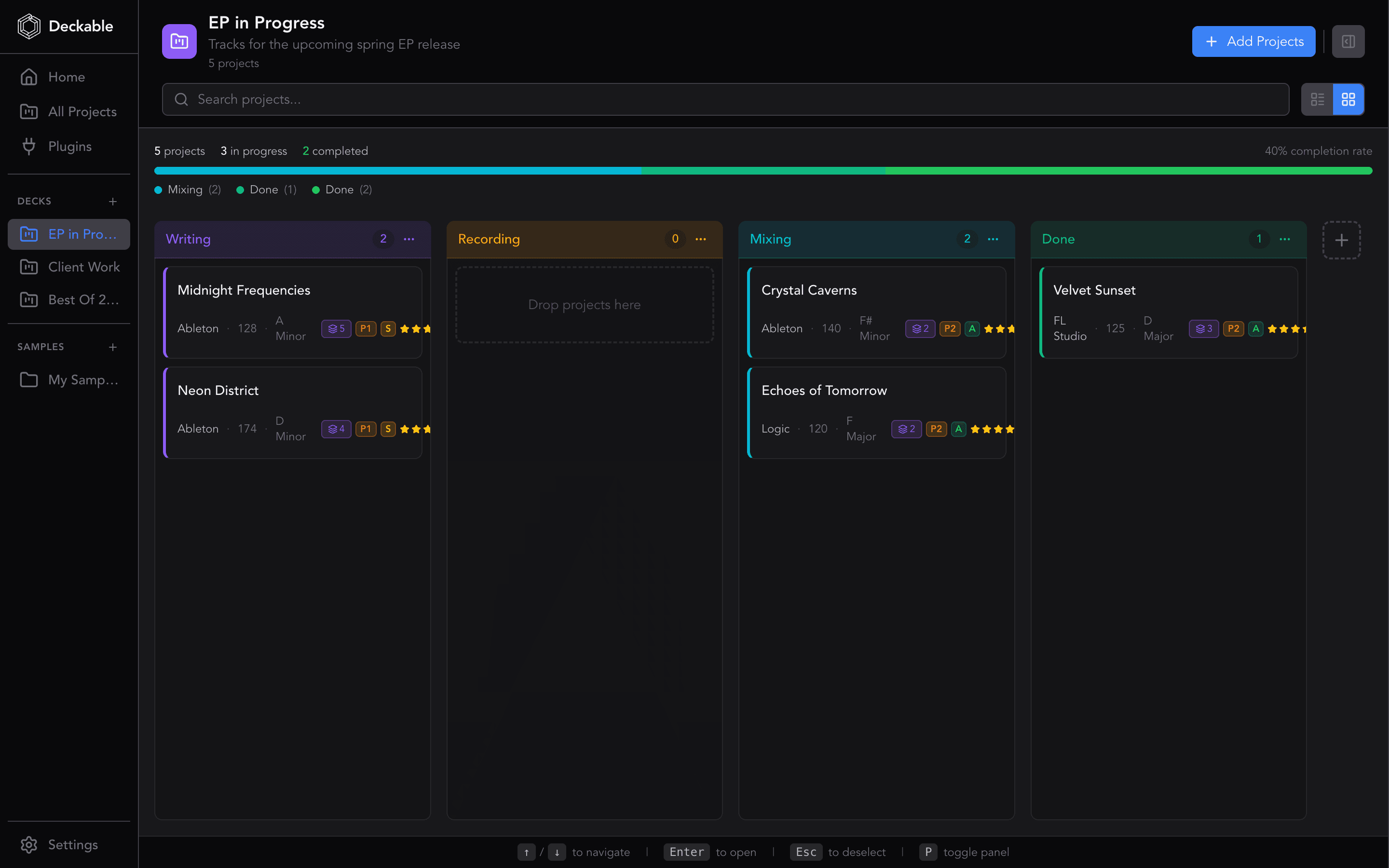 Deckable kanban board showing music projects organized by workflow stage