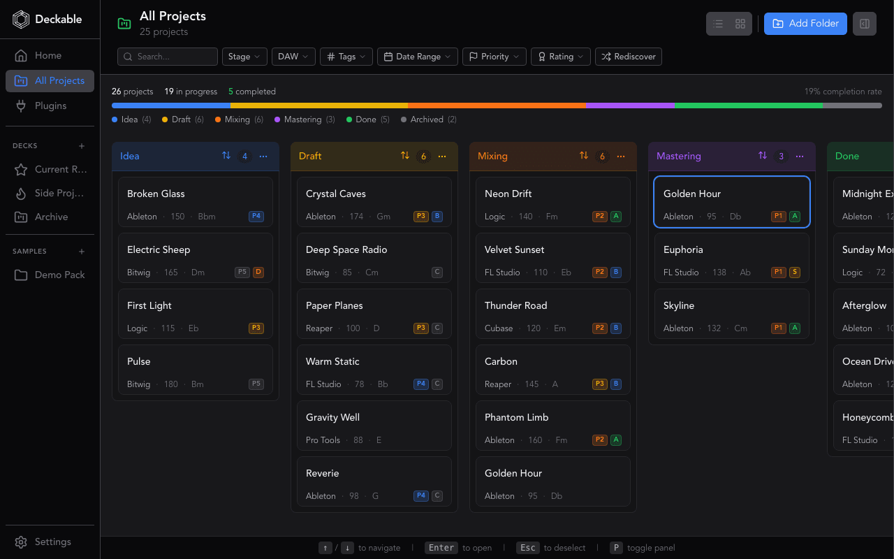 Deckable kanban board showing music projects organized by workflow stage