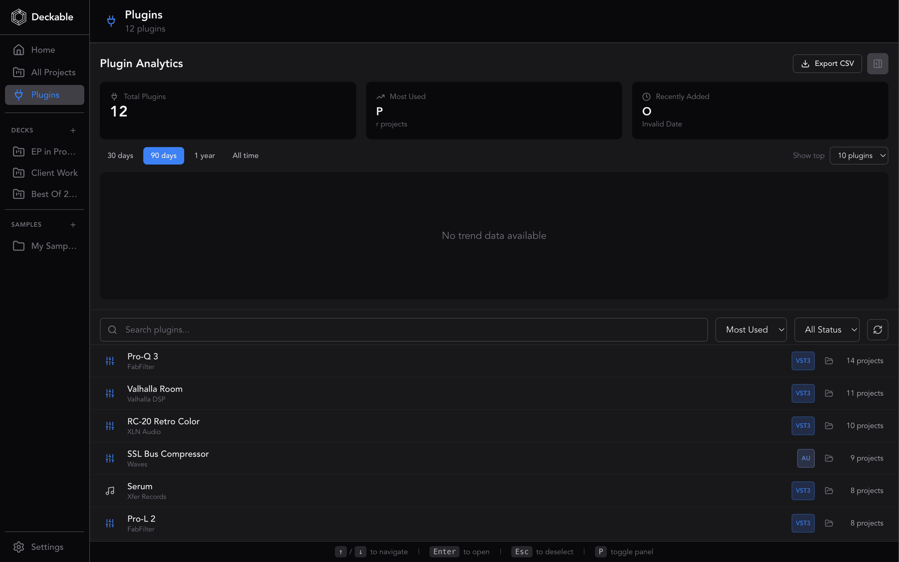 Deckable plugin manager showing plugin usage across all projects