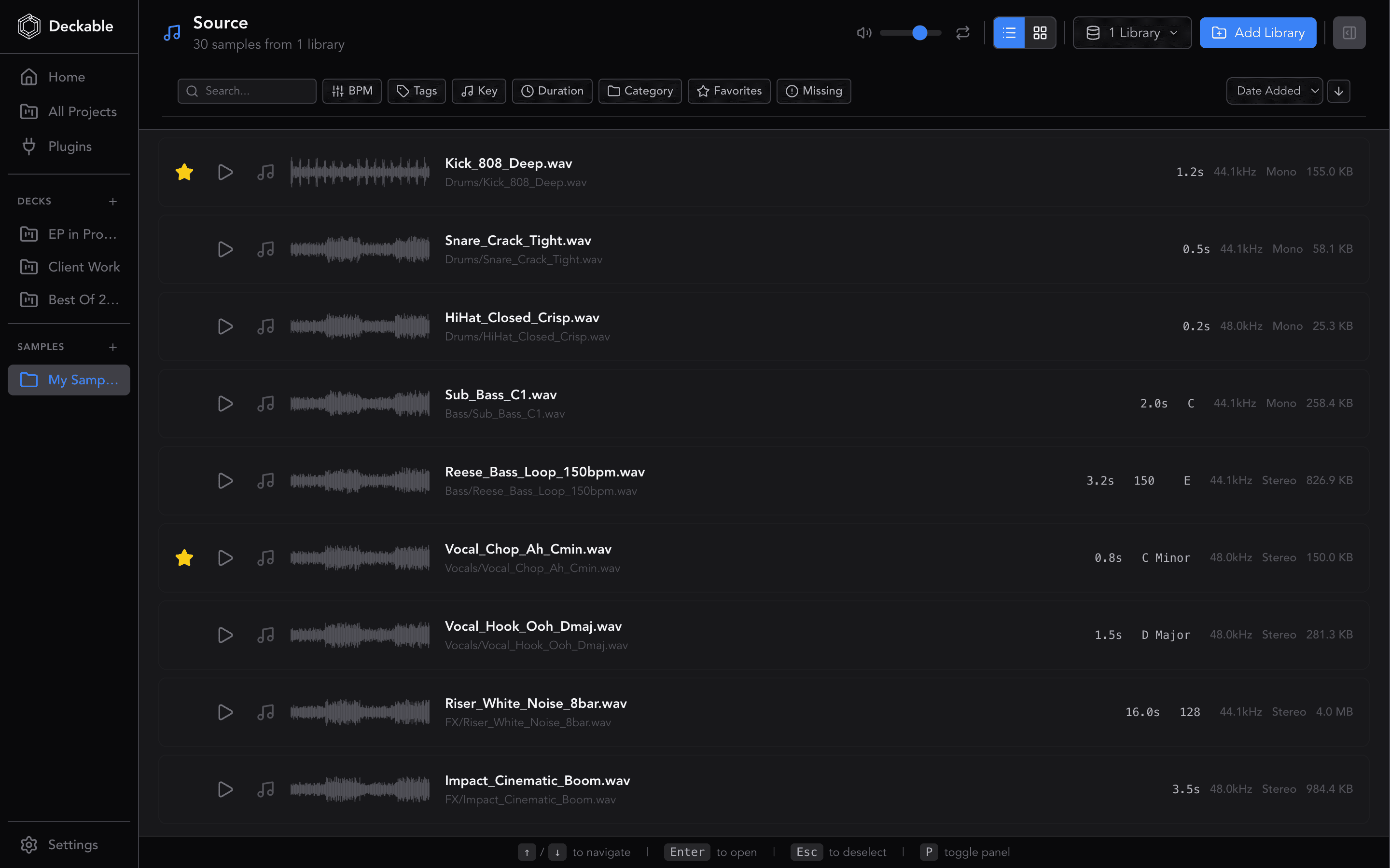 Deckable sample browser showing audio files across your project library