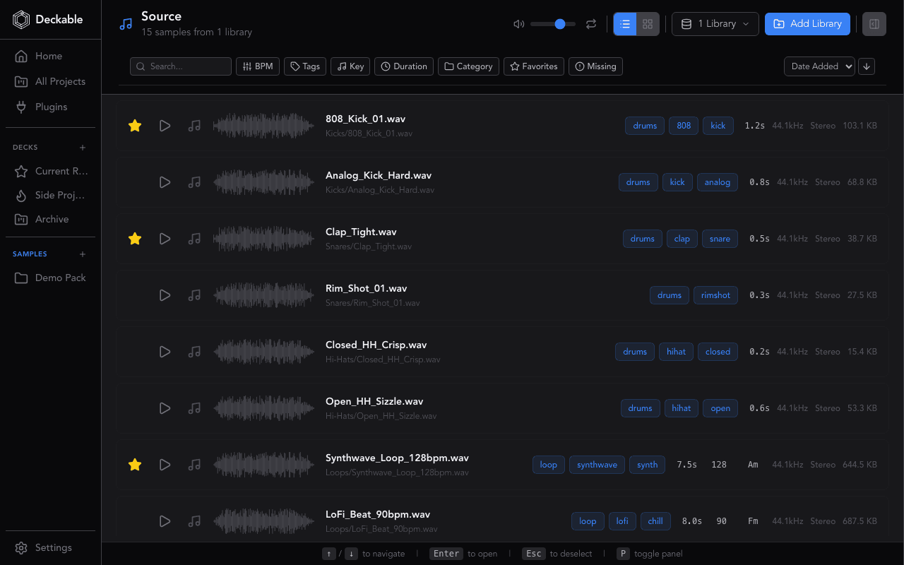 Deckable sample browser showing audio files across your project library